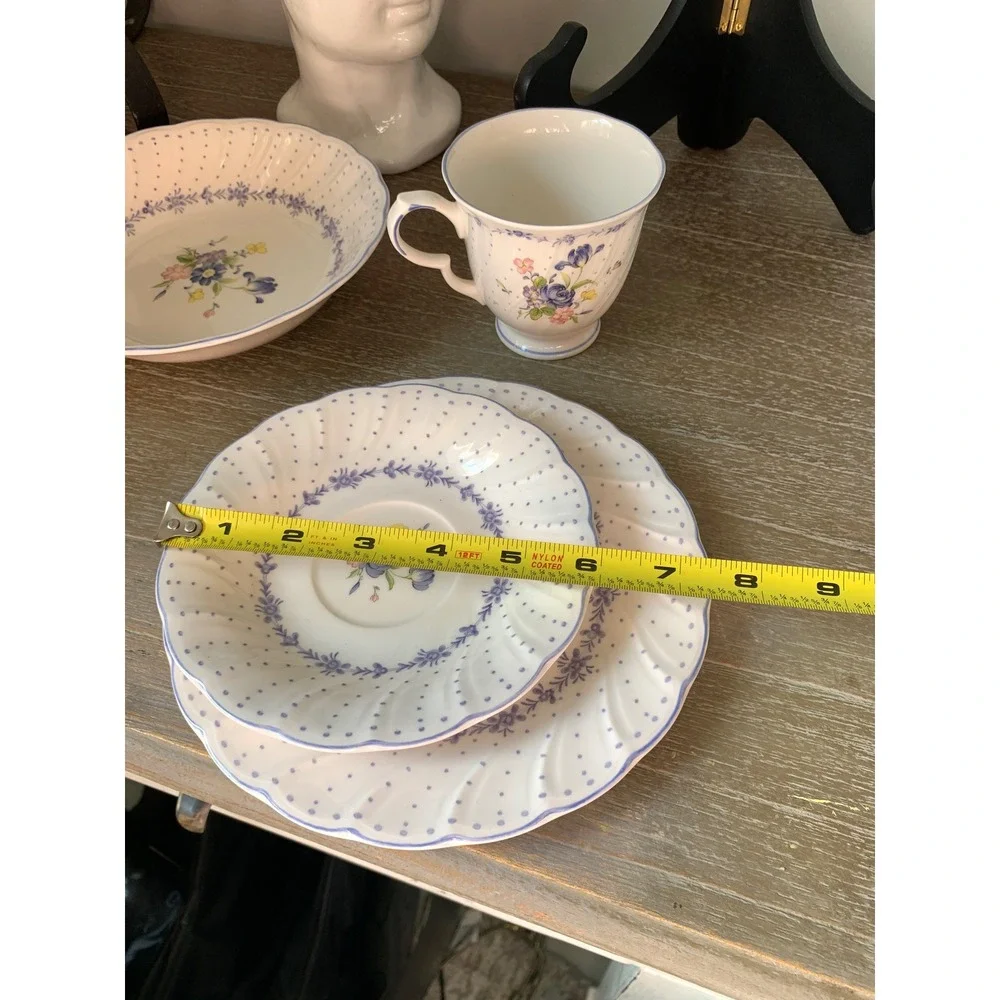 Nikko Blue Floral Polka Dot Porcelain Dinnerware 4pc Cottagecore Scalloped Rim